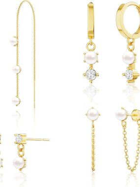 Women's 4 Pearl Stud Chain Earring Set-Gd14k Gold Plated Jewelry Hoop Earrings